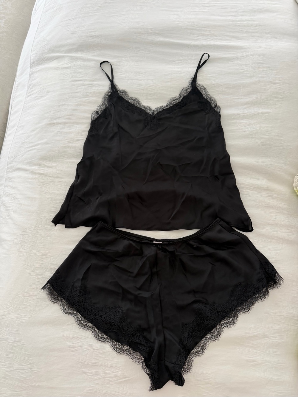 Victoria's Secret Black Satin Lace-Trim Camisole & Shorts Set